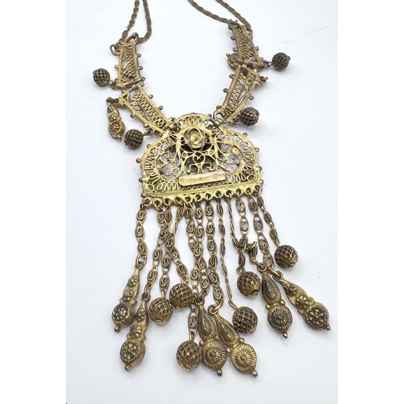 Indo Craft Brass Boho Bib Necklace - 1970sTribal Fringe Stmt necklace